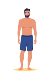 Man dressed in swimsuit standing on the beach. Summer vacations. Beautiful man in shorts. Vector illustration.