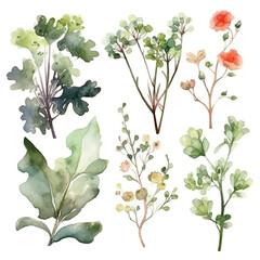 Watercolor set of green leaves and flowers. Illustration design. By Generative AI.