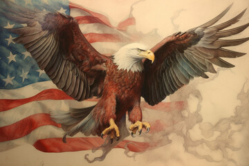 American eagle with USA flag on a grunge background. Watercolor painting. By Generative AI.
