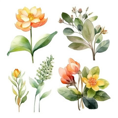 Watercolor flowers set. Painted illustration isolated on white background. By Generative AI.
