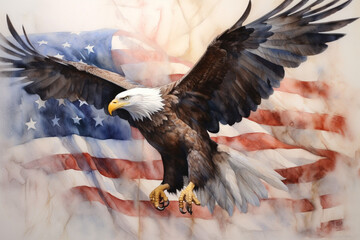 American eagle on the American flag background. Watercolor painting. By Generative AI.