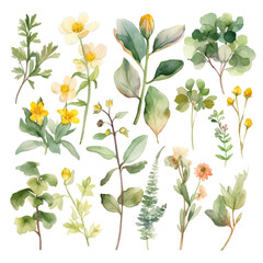 Watercolor set of wildflowers and herbs. Illustration design. By Generative AI.
