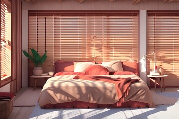 Cozy bedroom of wood in red and beige tones. Master bed with pillow and duvet, window with Venetian shutters - generative ai