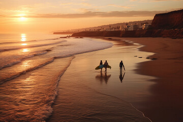 Surfers during sunset in Taghazout, Morocco