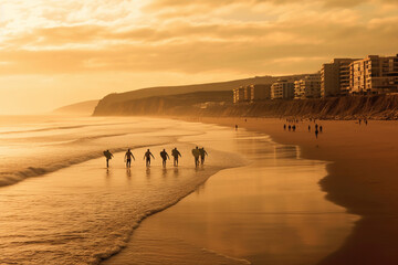 Surfers during sunset in Taghazout, Morocco