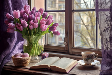 still life a bouquet of lilac tulips in a vase a mug of tea an old book on the window