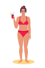 Woman dressed in swimsuit standing on the beach with cocktail in her hand and smiling. Summer vacations. Beautiful sexy girl in bikini. Vector illustration.