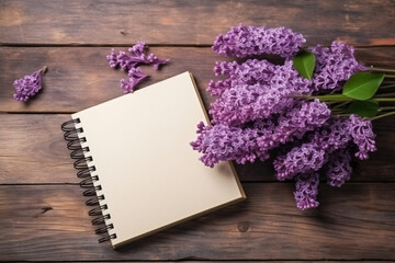 Fototapeta na wymiar Bunches of lilac on brown wood old table with blank notebook, space for text