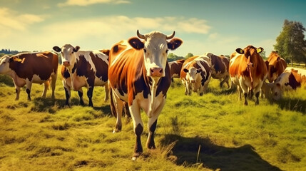 Fototapeta na wymiar Generative AI image of serene pastoral scene: Content cows leisurely graze in a sun-kissed meadow, their gentle movements and warm hues blending harmoniously with the lush greenery