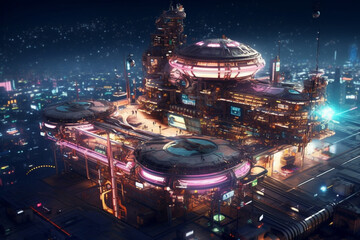 A concept for a futuristic space station designed to facilitate space exploration and further our understanding of the cosmos. Ai generated