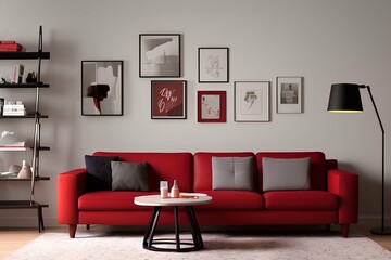 dark red White living room with sofa, lamp and shelf - generative ai