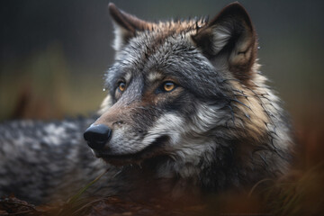 Fototapeta premium A close up of a wet grey wolf with a blurry background Generative Ai