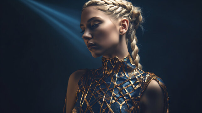A beautiful blonde woman with braids in a blue dress Generative Ai