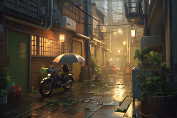 A motorcycle outside a store on a rainy day Generative Ai