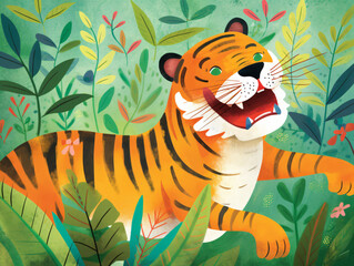A children's book illustration of a tiger in the jungle with its mouth open Generative Ai