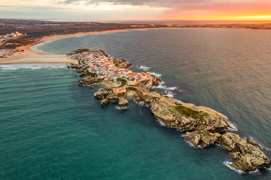 Aerial view of Baleal peninsula near Peniche town on the west coast of Portugal