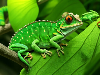 Naklejka premium Green colored chameleon close up. Generative AI Close up of a Cape Dwarf Chameleon on a Rosemary bush
