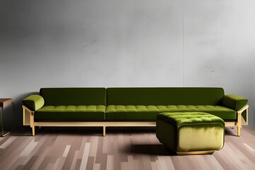 Design green velvet sofa, golden pouf, wooden furniture, carpet, cube, living room with mock up copy space Stylish Scandinavian int - generative ai