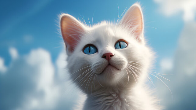 A close up of a white cat character mascot with blue eyes with the sky in the background Generative Ai