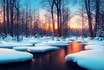 Winter Calm River in Pristine Forest at Sunset 3D Artwork Spectacular Nature Landscape Background. Stream In the Depths of the Snowy Woodlands Stunning Photography. Scenery