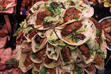 Group of Prepared Flatbreads filled with Meat, Cheese and Salad