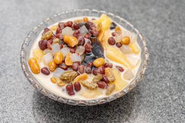 angle view bowl of grass jelly