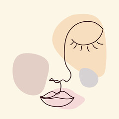 Woman face Line art. contour  female face in black ink, colored smooth shapes. Woman portrait by one line drawing on pastel background for postcards, posters, wall art. Modern fashion vector