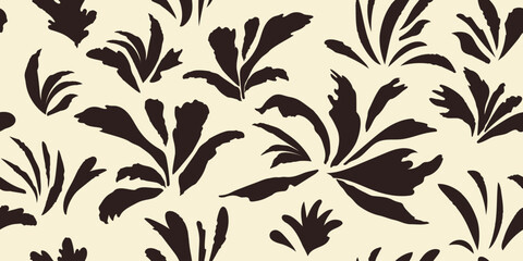 Seamless botanical pattern is a modern collage of drawings of various shapes of plants, grass, twigs. Black and white ink sketch. Monochrome vector illustration
