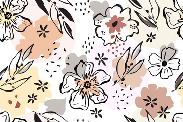 Seamless pattern of doodles of contours of flowers and leaves. Trendy botanical background. Abstract flowers, silhouettes of leaves, spots, dots. Hand drawing. Vector illustration
