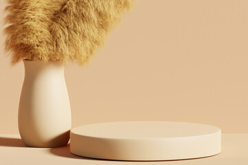 Podium display on beige, background and dry pampas grass in vase. Bright cosmetic, beauty product promotion pedestal with shadow. Aesthetic cozy home decoration. Generative AI