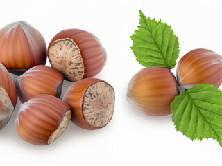 Group of hazelnuts with green leaf isolated on white background. Made with generative ai