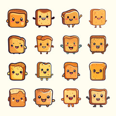 bread toast cute character kawaii cartoon set, for logo, icon, sticker, print