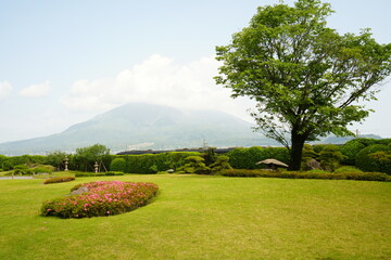 Traditional Japanese Garden, Senganen Garden Park , and Sakurajima Volcano Mountain in Kagoshima,...