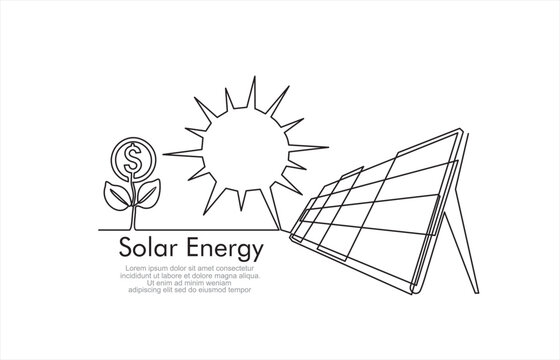 Solar energy in continuous line art drawing style. Solar panels facing the Sun to collect heat by absorbing sunlight. Black linear design isolated on white background. Vector illustration
