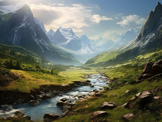 Fototapeta na wymiar Beautiful Landscape with mountains and pretty light - Generative AI