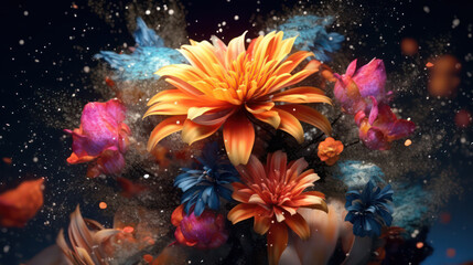 Fototapeta na wymiar Flowers that seem to have starry origins. The image shows flowers with petals that resemble celestial bodies, such as stars AI Generative