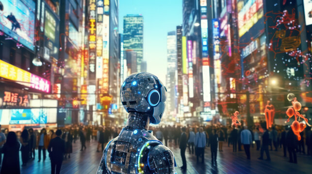 Artificial intelligence (AI) transforming various aspects of society. The image displays futuristic scenarios. The image emphasizes the integration of AI into daily life AI Generative