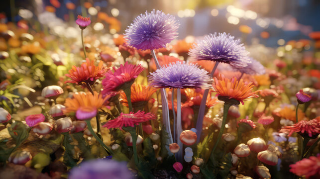 An image illustrating imaginary flowers that never wither or fade. The image shows everlasting blossoms with vibrant colors and a perpetual state of bloom AI Generative