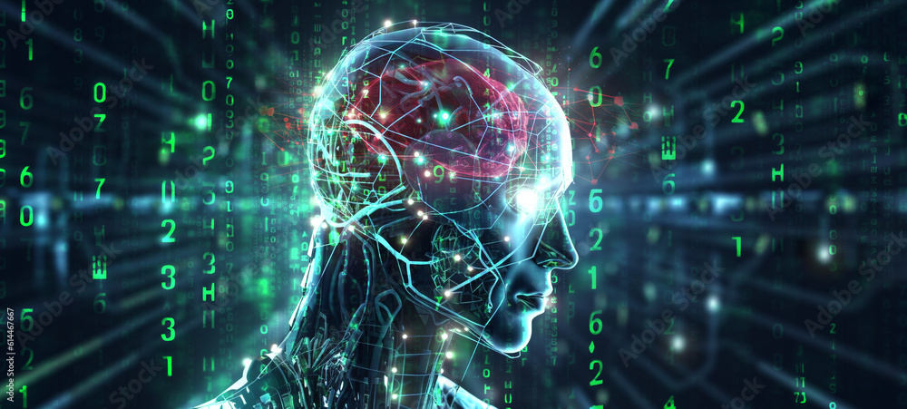 Poster artificial intelligence in humanoid head with neural network. ai with digital brain learning process