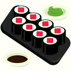 Flat design illustration of tuna sushi roll on a black plate. Perfect use for restaurant menu
