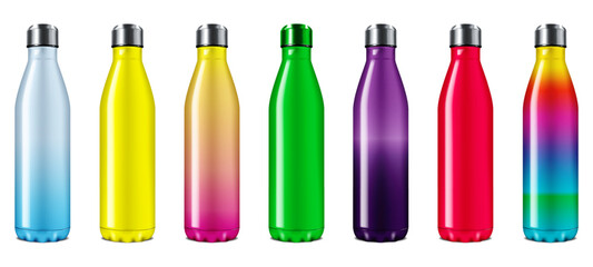 Insulated water bottle color mock-up set. Reusable colorful stainless steel sport flask isolated on white background mockup. Easy editable vector illustration