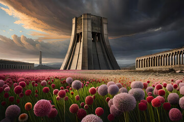  aftermath of a nuclear bomb explosion, with a field of wilted flowers amidst the ruins