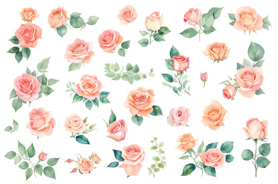 set of roses watercolor illustration. hand drawn, isolated white background, flower clipart, for bouquets, wreaths, arrangements, wedding invitations, anniversary, birthday, postcards, greetings, card