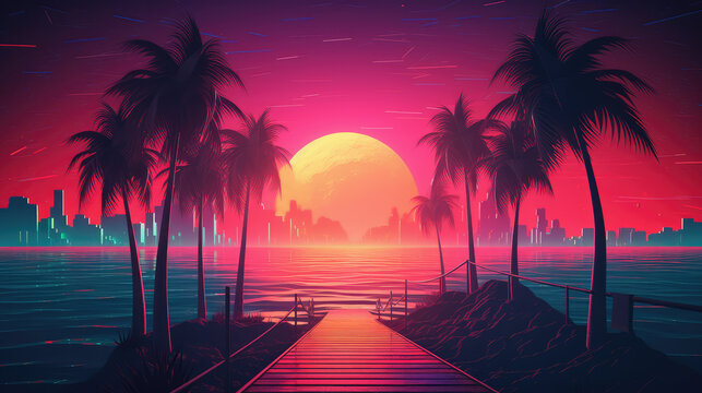 futuristic sunset landscape with palm trees, mountains in retro wave style. Generative AI