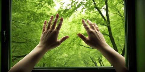 Hands opens window, which you can see green of a tree park , concept of Nature connection, created with Generative AI technology