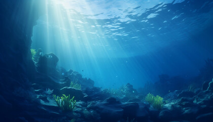 Underwater sea in blue sunlight, Based on, Generative AI