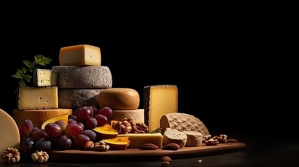 Fototapeta na wymiar Different kinds of cheese with nuts on dark background, copy space wide angle lens realistic lighting