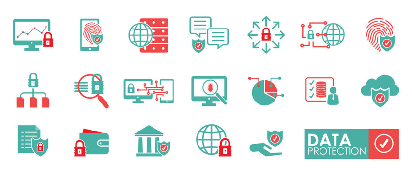 Set of Data Protection icon. Cyber lock, password, unlock. Security system icons. Electronic check, firewall. Internet protection, laptop password. Vector Solid icon style.