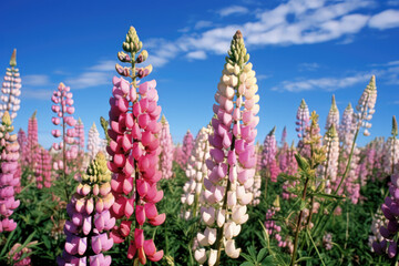 Lupin field against a blue sky