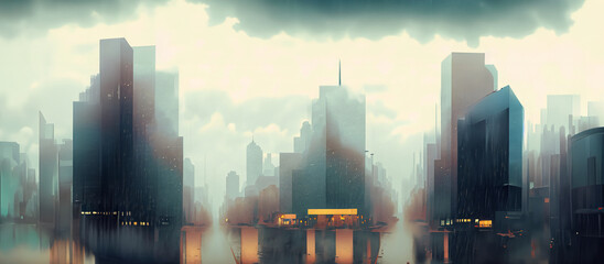 illustrazione generative ai di veduta di centro urbano con alti edifici che si riflettono su strade bagnate, tramonto, cieli piovosi, autunnale, generative ai